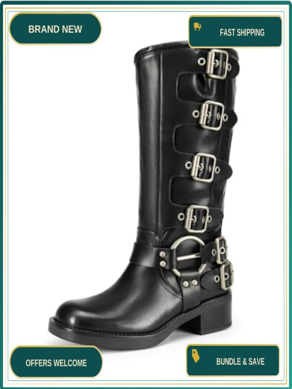 Knee High Biker Moto Boots Square Toe Block Heel Buckle Straps Faux Leather